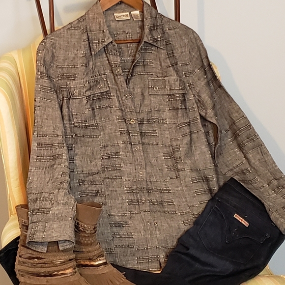 Linen Full Snap Button Down Minimalist Capsule Neutral Shirt 0/small Chico's - Picture 13 of 15